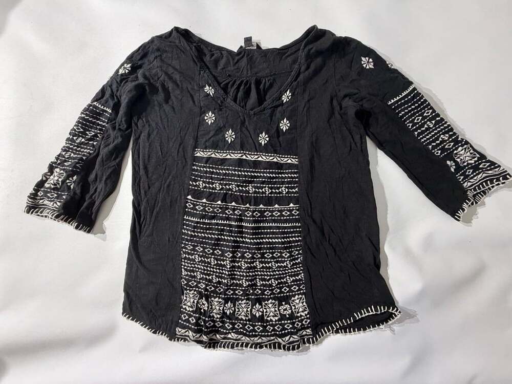 Lucky Brand Black Embroidered Boho Peasant Top Blouse Womens Medium